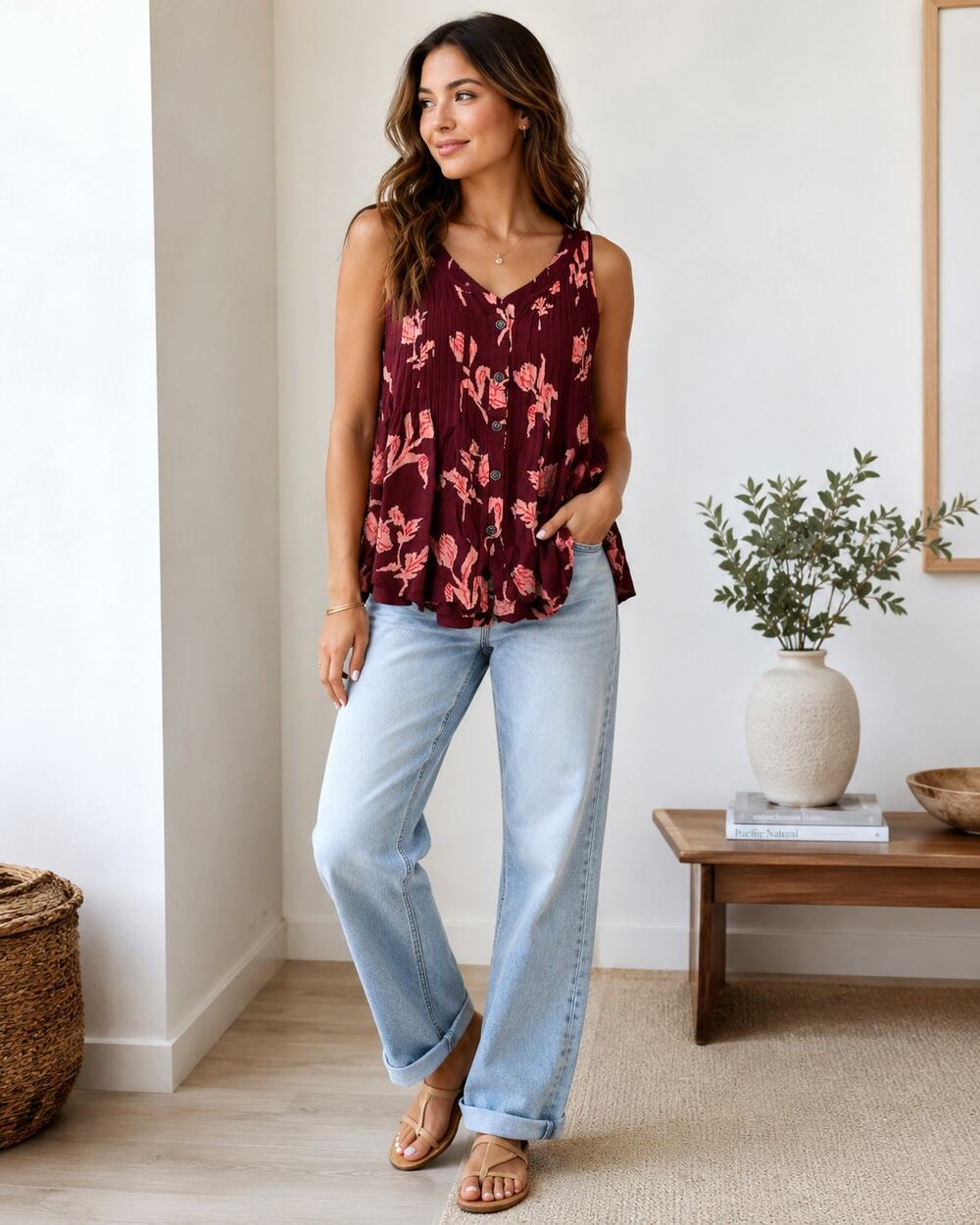 Anthropologie Maeve Burgundy Floral Swing Blouse Womens 8 Sleeveless Boho Beachy